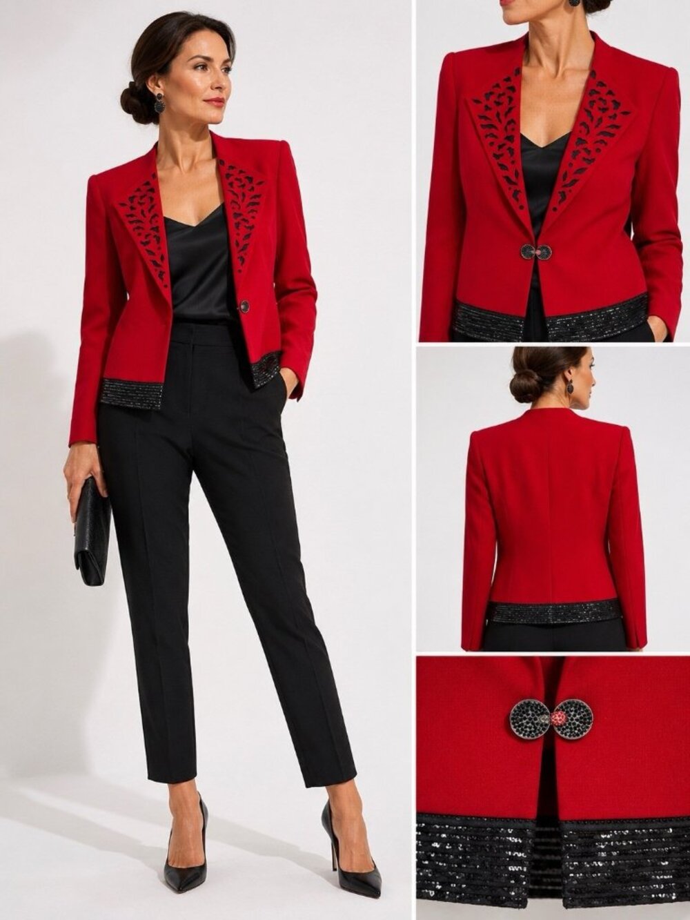 vintage 90s louise ricci red blazer jacket CUTOUT LAPEL large RHINESTONES sequin